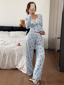 Napfluff طقم بيجامة نسائي بأكمام طويلة وبنطال طويل مطبوع بطبعة الكرز والخطوط - متعدد الألوان - مشاهدة 5