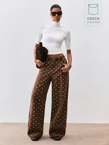 ATUI Studio Celana Jeans Denim Polkadot Cokelat Kasual Wanita - Coklat - View 1
