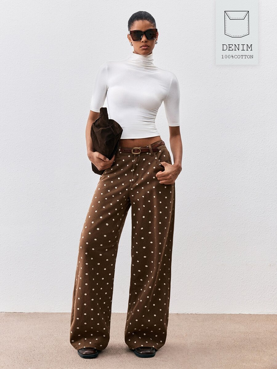 ATUI Studio Celana Jeans Denim Polkadot Cokelat Kasual Wanita - Coklat - View 1