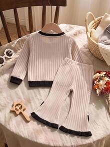 SHEIN Cute Girl Knitted Casual Colorblock Long Sleeve T-Shirt And Elastic Waist Flared Pants Set - Beige - View 3
