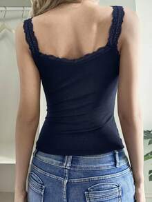 Strévra 女款新款秋季素色對比蕾絲休閒背心 - 藏蓝色 - 查看 5