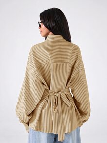 LYSMO 2026新款極簡風春夏女款休閒條紋米色印花寬鬆綁帶露背襯衫，適合上班、通勤與日常穿著，春秋女款上衣襯衫，條紋綁腰上衣 - 淡黃色 - 查看 1