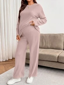 SHEIN 孕婦純色圓領長袖T恤與可調節腰圍長褲休閒兩件套 - 粉色 - 查看 5