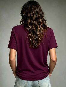 Linhara CURVE Plus Size Women's Solid Color V-Neck Short Sleeve Casual Versatile T-Shirt - Purple - View 2