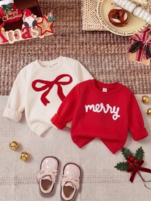 SHEIN 2件裝女嬰白色與紅色秋/冬運動衫，聖誕運動衫，聖誕上衣，節慶上衣 - 紅色 - 查看 3