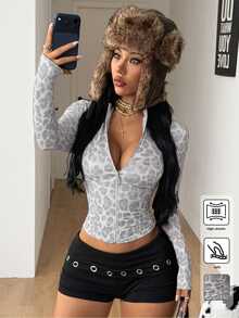 Coolane Women's Fall Streetwear Cozy Chic Gray Animal Print Fitted Cropped Zip-Front Deep V-Neck Long Sleeve Knit Polyester Jacket - Light Grey - View 3