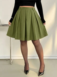 Auralis 春秋新款女款辦公正式百褶中長裙，巧克力棕格紋，優雅通勤風，大尺碼返校秋季款 - 綠色 - 查看 2