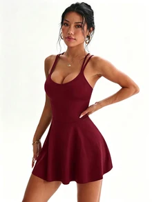 SHEIN Dewbera 女款極簡街頭運動連身裙 - 酒紅色 - 查看 8