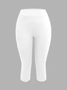 SHEIN CURVE+ Plus Size Women Solid Color Casual Versatile 7/8 Length Leggings - Black and White - View 9