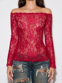BAD SUNDAY Women's Lace Transparent Sexy Inner Top, Y2K Vintage Versatile, Autumn/Winter - Burgundy - View 6
