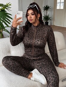 SHEIN EZwear 豹紋休閒大尺碼女款拉鍊方領背心與緊身褲套裝 - 咖啡棕 - 查看 4