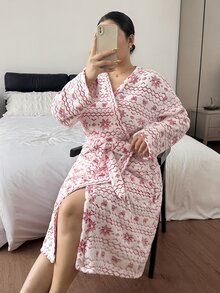 Napfluff CURVE Napfluff CURVE Christmas Fair Isle Snowflake Bow Pattern Plush Long Sleeve Drop Shoulder Pocket Plus Size Women's Robe - Multicolor - View 5