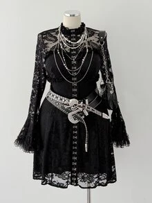Sunspun Plus Size Women's Contrast Lace Bell Sleeve Dark Style Dress - Black - View 1