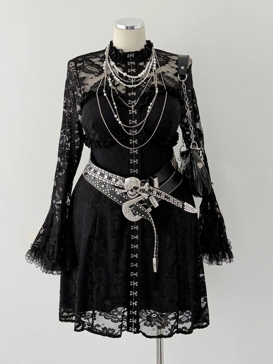 Sunspun Plus Size Women's Contrast Lace Bell Sleeve Dark Style Dress - Black - View 1