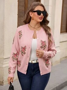 EMERY ROSE Plus Size Women's New Fashion Printed Thin Knit Cardigan, Casual Versatile Lightweight Jacket For Spring And Autumn - Pink - View 7