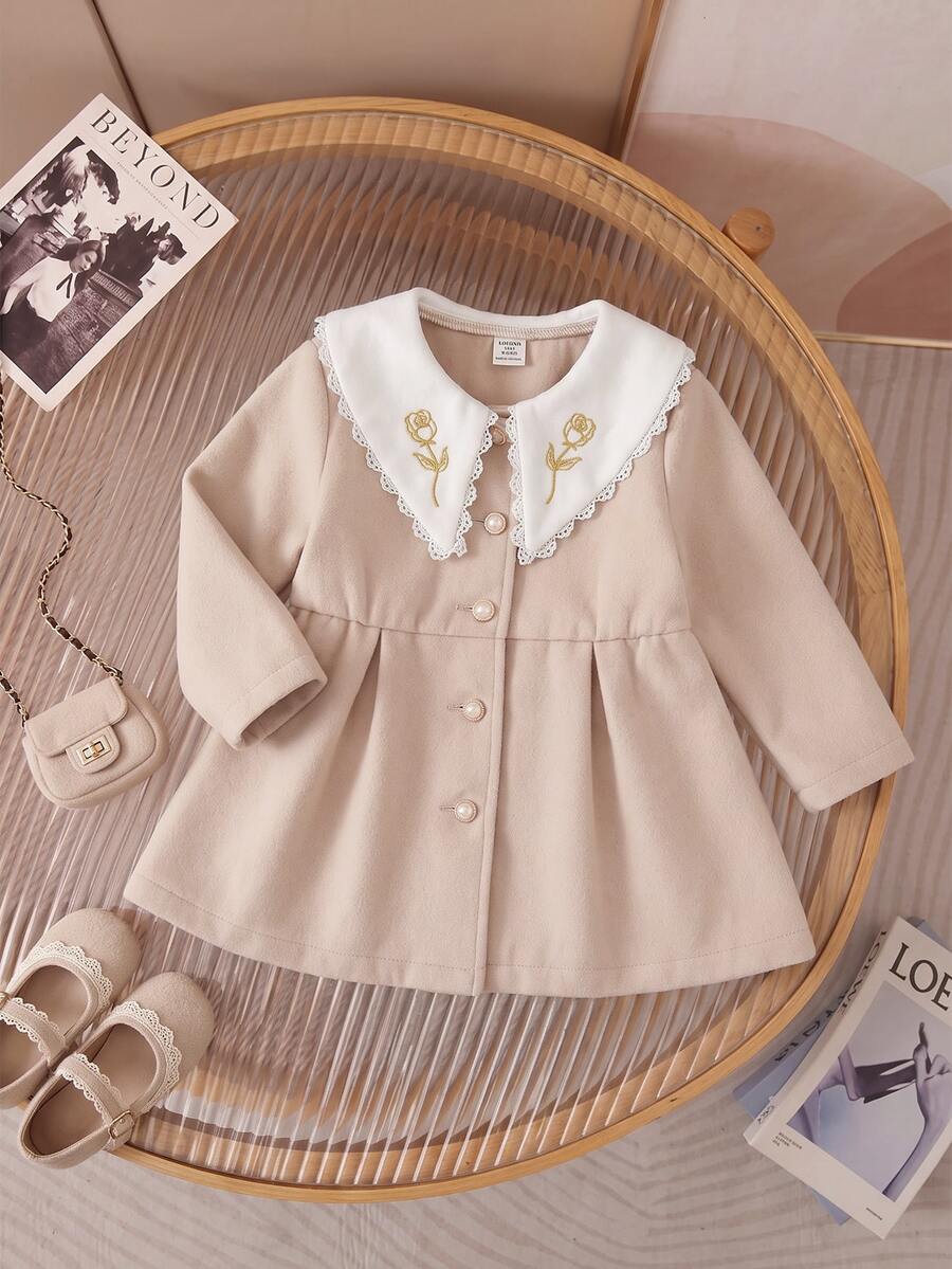 SHEIN Cute Colorblock Peter Pan Collar Long Coat For Baby Girls - Apricot - View 1