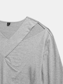 Velvienne Áo nỉ tay dài dáng rộng cổ bất đối xứng vai trễ màu trơn casual cho nữ size lớn - Xám - Xem 5