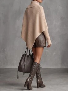 SHEIN Women's Asymmetric Design Single-Sided Button Decor Cape Batwing Sleeve High Neck Long Sleeve Ribbed Knit Sweater, Fashionable And Elegant, Suitable For Daily Commute, Dating, Shopping - Khaki - View 2