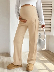 SHEIN 孕婦純色可調腰圍直筒寬鬆休閒長褲 - 卡其色 - 查看 6