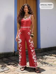 CAJUNI Tropical Vacation Embroidery Flower Cute Jumpsuit - Red and White - View 11