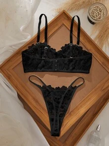 Qdormo 2件組女性性感蕾絲內衣套裝 - 黑色 - 查看 3
