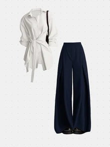GlowEve Women's Solid Color Pleated Top And Pants Casual Daily 2 Pieces Set - Navy Blue - View 1