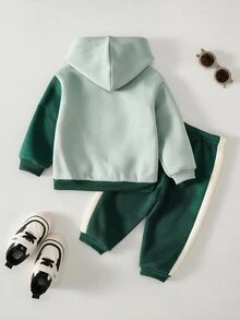 Cozy Pixies 2件組男嬰LA字母圖案對比色針織軟帽長袖套頭衛衣與彈性腰抓毛加厚刷毛內裡長褲，適合冬季 - 彩色 - 查看 11