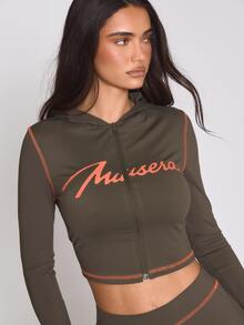 MUSERA Graphic Logo Front Zip Through Fitted Contrast Seam Hooded Top Autumn Winter Fall Coolgirl Holiday Everyday Roadside Renegade - Green - View 2