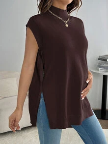 SHEIN Maternity Solid Color Stand Collar Side Slit Hem Casual Knit Vest - Coffee Brown - View 1
