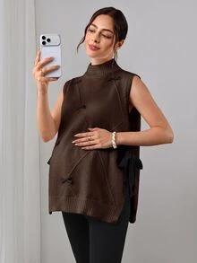 Momance Maternity Sweater Vest, Loose Fit, Small High Neck With Bowknot Accessory, Split Hem Design, Casual Daily Wear, Round Neck Pullover Knit Vest - Brown - View 3