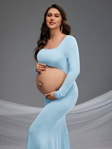 Cheriluna Maternity Maternity Mermaid Hem Dress - Baby Blue - View 4