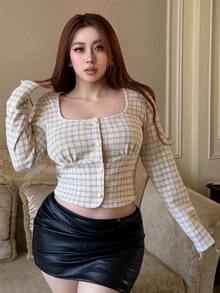 Dazy Plus Plus Size Women's Plaid Square Neck Long Sleeve Blouse For Party And Back To School - Apricot - View 8