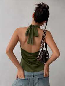 Firerie Women's Spring/Summer Elegant Exquisite Romantic Fashion Commute Urban Modern Vacation Casual Daily Music Festival Deep V-Neck Halter Neck Bow Tie Lace Patchwork Backless Satin Coffee Color Blouse Top - Army Green - View 2