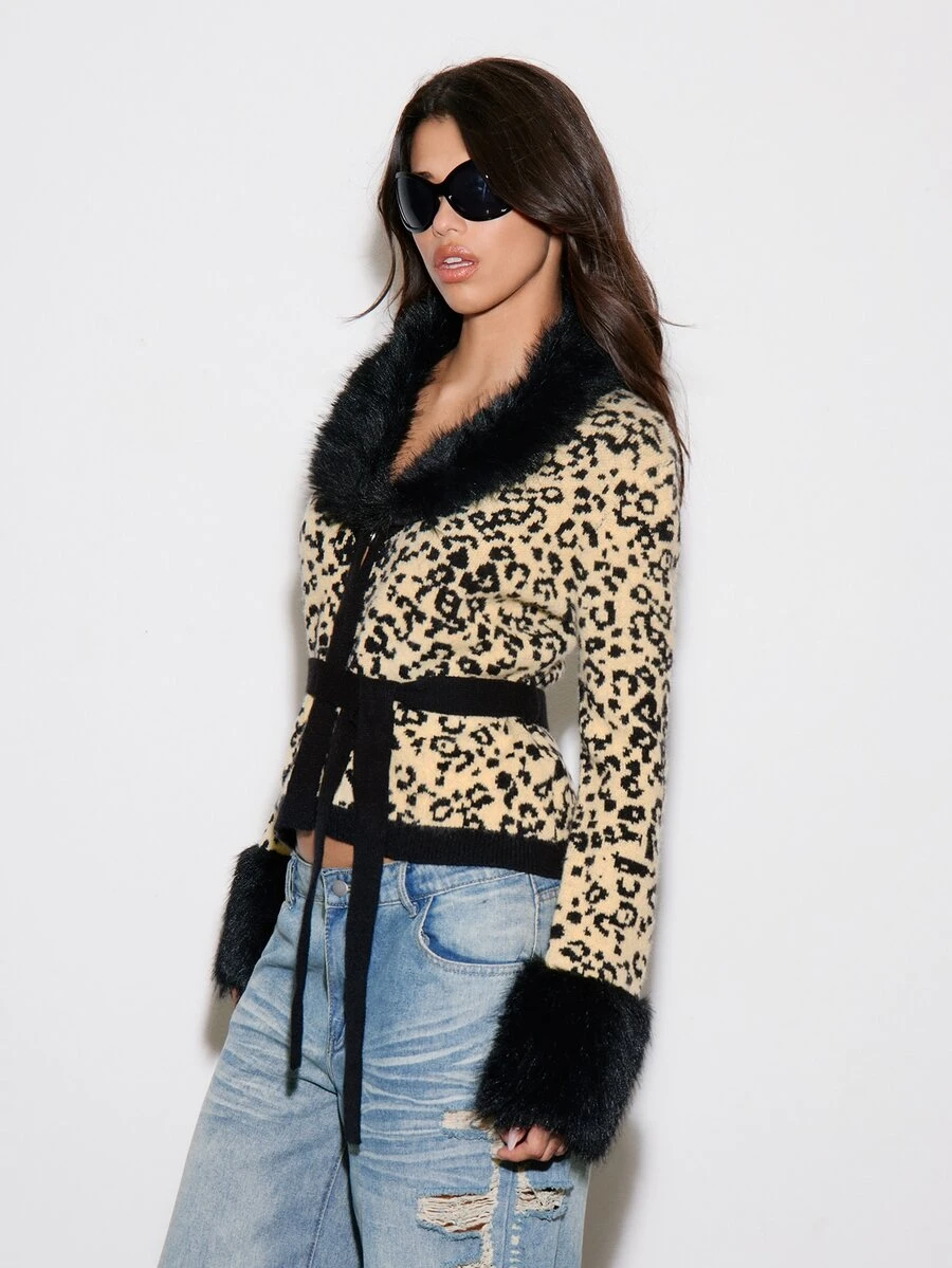 BAD SUNDAY Women's V-Neck Leopard Print Patchwork Fur Collar Knitted Cardigan, Autumn/Winter, Y2K Retro Style - Multicolor - View 1