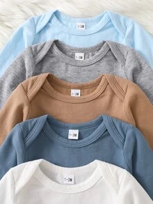 SHEIN 5件組新生兒休閒可愛簡約純色棉質長袖三角連身衣，適合日常穿著、外出與拍照，適用0-9個月嬰兒 - 彩色 - 查看 6