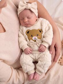 SHEIN 新生兒秋冬可愛毛茸茸卡通熊圖案運動衫套裝嬰兒 - 米色 - 查看 3