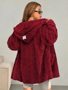 SHEIN EZwear 冬季寬鬆休閒白色凹凸毛絨落肩口袋拼接長袖連帽外套 - 酒紅色 - 查看 2