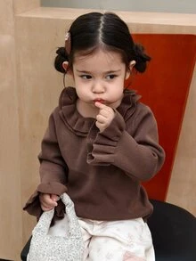 DAZY Infant/Toddler (Girl) Round Neck Ruffle Trim Solid Color Long Sleeve Autumn/Winter Sweater - Coffee Brown - View 1