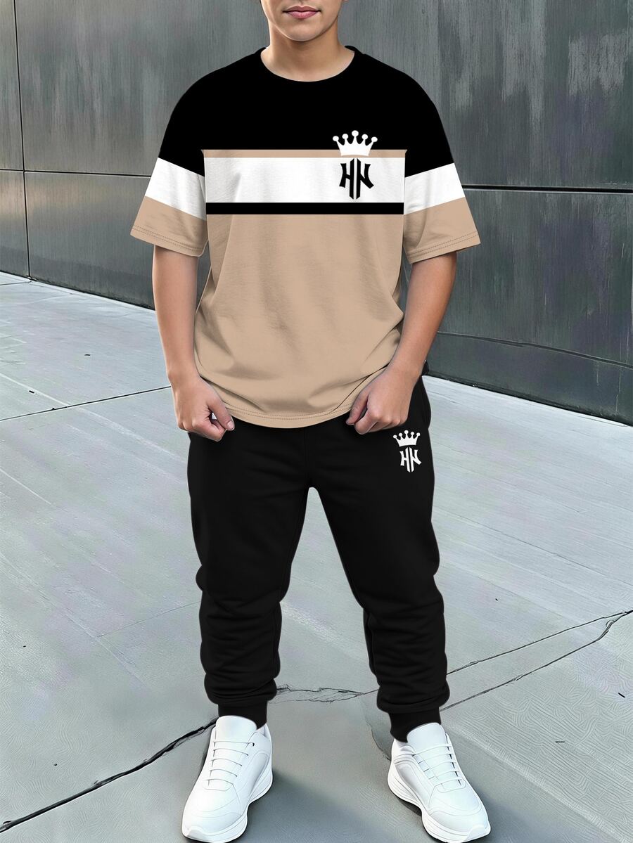兒童青少年男孩休閒舒適時尚極簡條紋圓領皇冠短袖長褲 T-shirt 套裝 針織黑色 2 件式套頭衫 - 彩色 - 查看 1