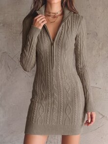 Solivie Women's Short Knit Dress, Half-Zip Front, Camel Color Fashion Mini Dress - Camel - View 4