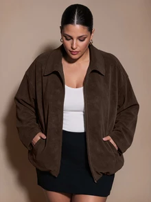 SHEIN BAE CURVE 大尺碼復古寬鬆落肩夾克女款，秋冬保暖仿麂皮/PU外套，萬聖節穿搭 - 咖啡棕 - 查看 6