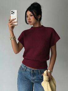 Aloruh Women's Casual Commuting Simple Solid Color Funnel Neck Batwing Sleeve Wide Hem Knit Top - Burgundy - View 6