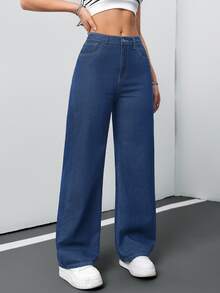 SHEIN Tall CURVE 大尺碼女款寬鬆寬腿休閒百搭牛仔褲，附口袋 - 中等水洗藍 - 查看 6