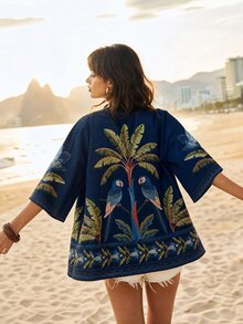 CAJUNI Women's Coconut Tree Pattern Casual Daily Kimono Cover Up - Navy Blue - View 10