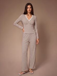 Lazeform Apricot Brown Ribbed Ribbed V-Neck Lace Trim Top And Straight Leg Pants Women's Loungewear 2 Pieces Set - Multicolor - View 3