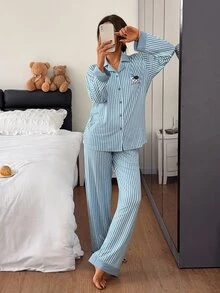 DAZY Women's Striped Single-Breasted Top And Pants Pajama Set - Blue - View 5