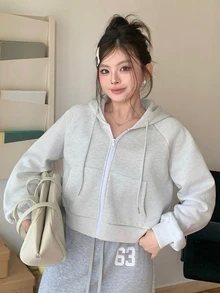 Dazy Plus Thermal Lined Thick Korean Style Hooded Short Fuzzy Sweatshirt - Grey - View 5