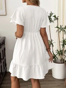 SHEIN 女款夏季中長版V領杏色荷葉袖百褶孕婦洋裝 - 白色 - 查看 2