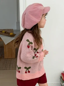 Dazy Kids 女童櫻桃圖案鈕扣半開襟長袖休閒針織衫 - 粉色 - 查看 8