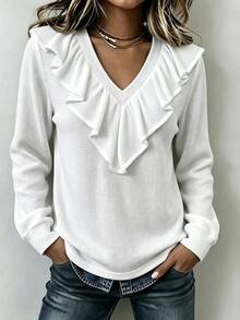 LUMIGAL Blus Lengan Panjang Wanita Model V-Neck dengan Desain Ruffle dan Tekstur Waffle untuk Musim Gugur/Dingin - Putih - View 6